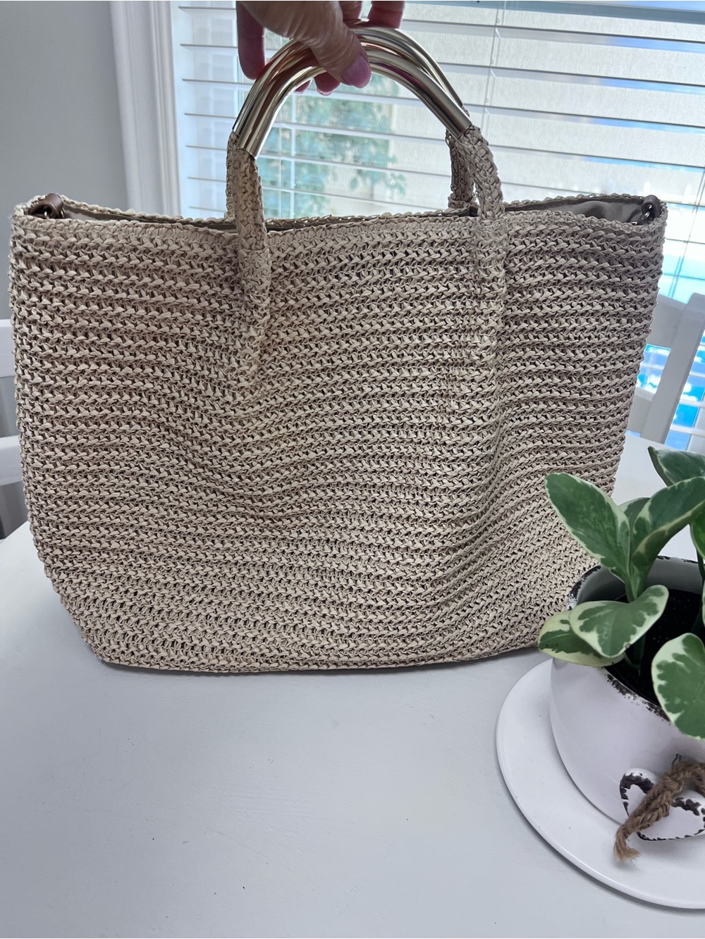 Woven Straw Tote Bag with Gold Handles - Natural